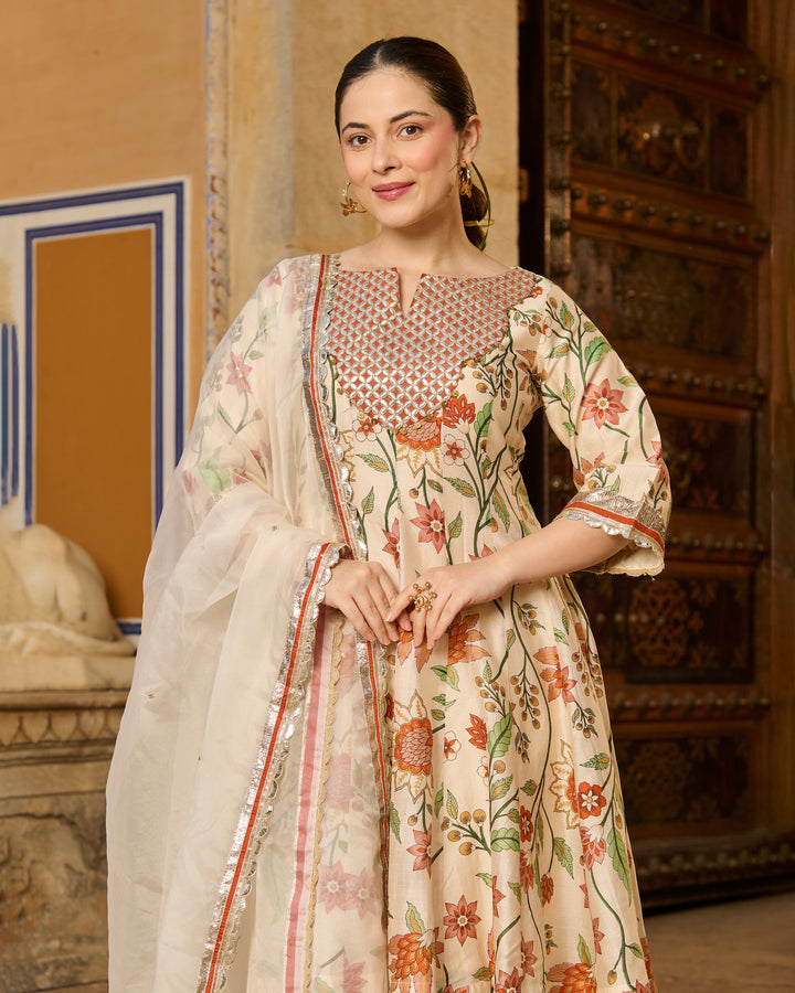 Kora Cream Printed Chanderi Suit Set