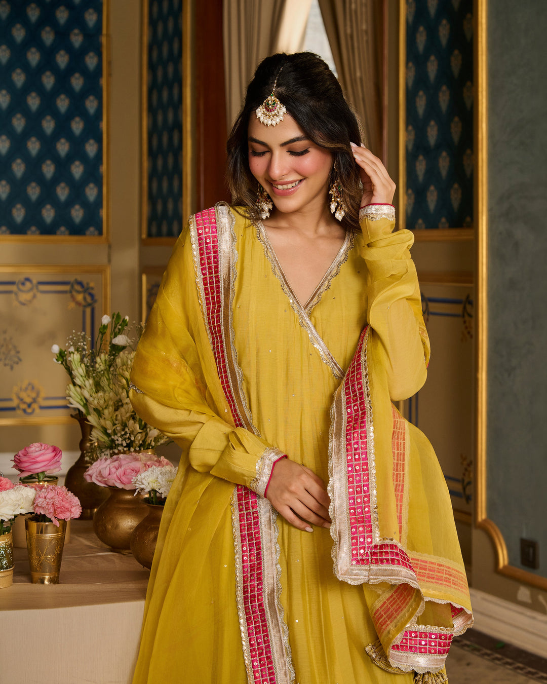 Samridhi Lime Green Embroidered Chanderi Suit Set