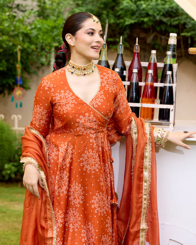 Kahani Orange Bandhani Chanderi Suit Set
