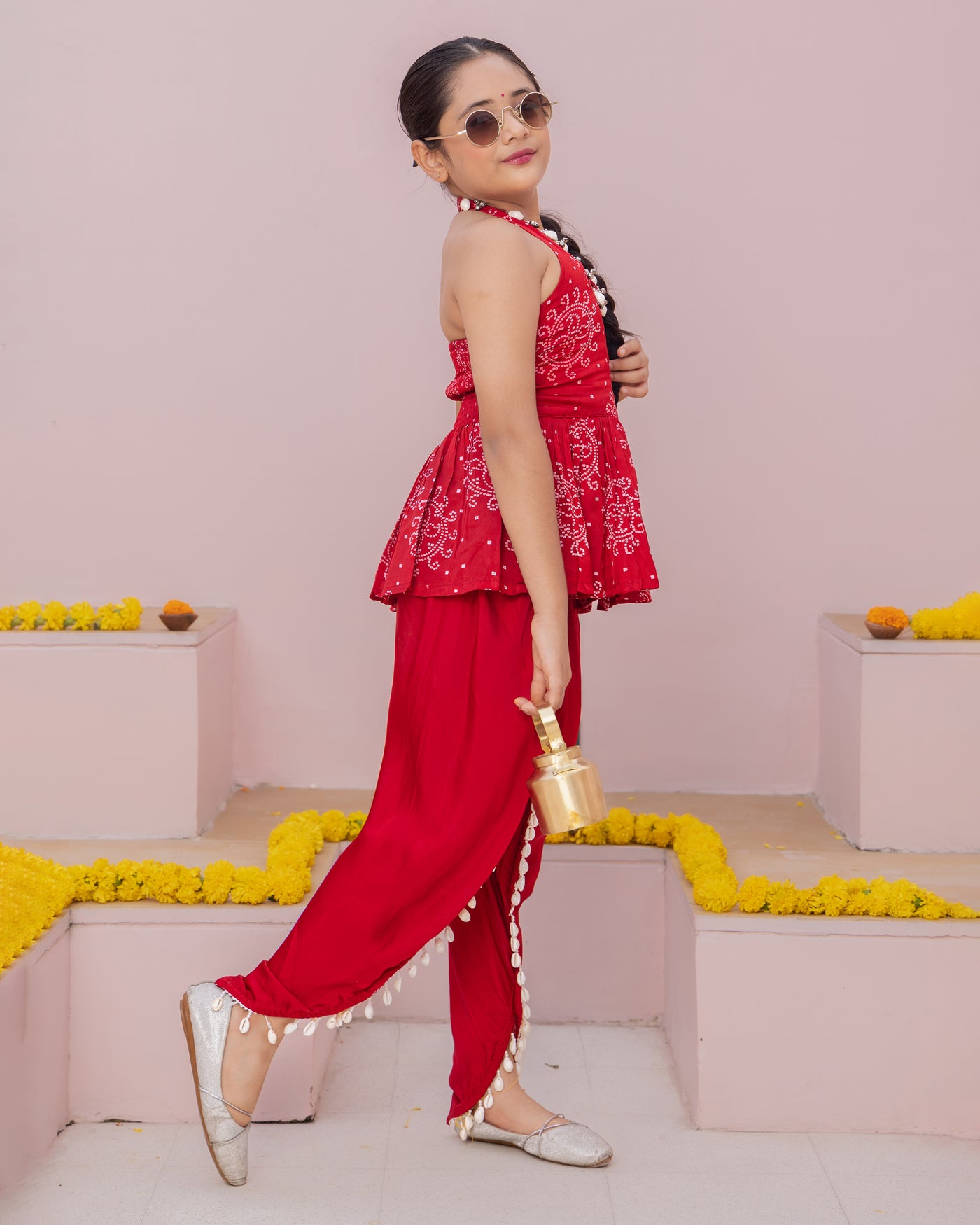 Mrunal Red Bandhani Satin Coord Set