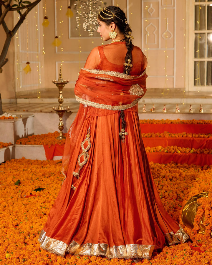 Deepa Orange Solid Chanderi Lehenga Set