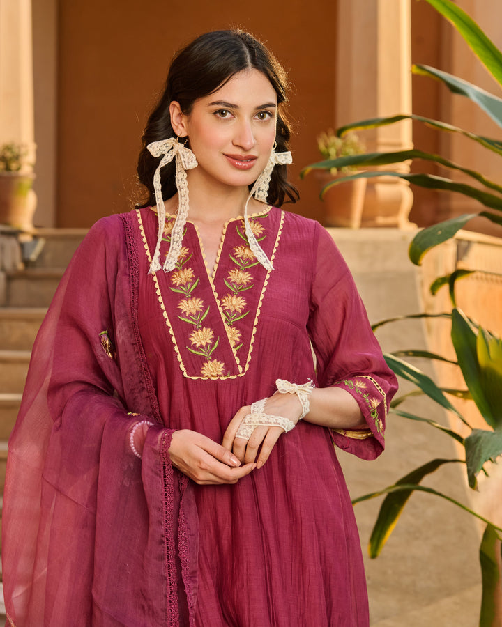 Jugal Wine Embroidered Chanderi Suit Set