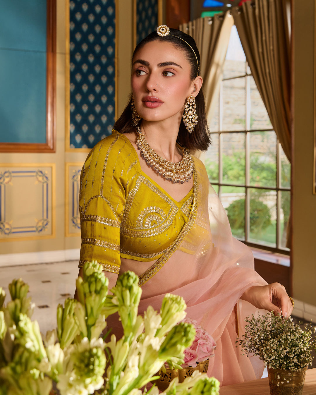 Eira Neon Embroidered Satin Aangi Blouse And Saree