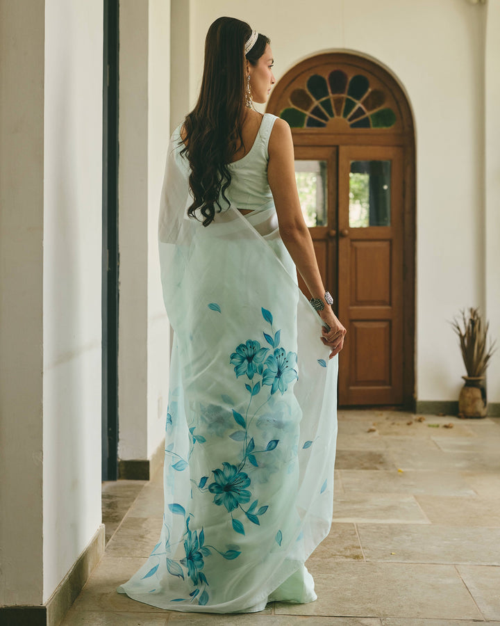 Lily Sea Green Handpainted Chiffon Saree