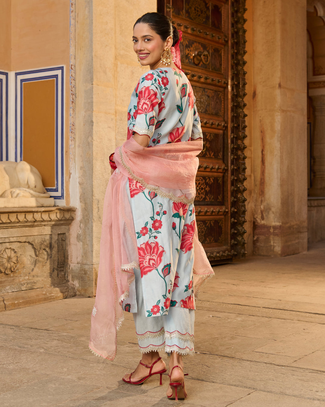 Saumya Light Blue Printed Chanderi Suit Set