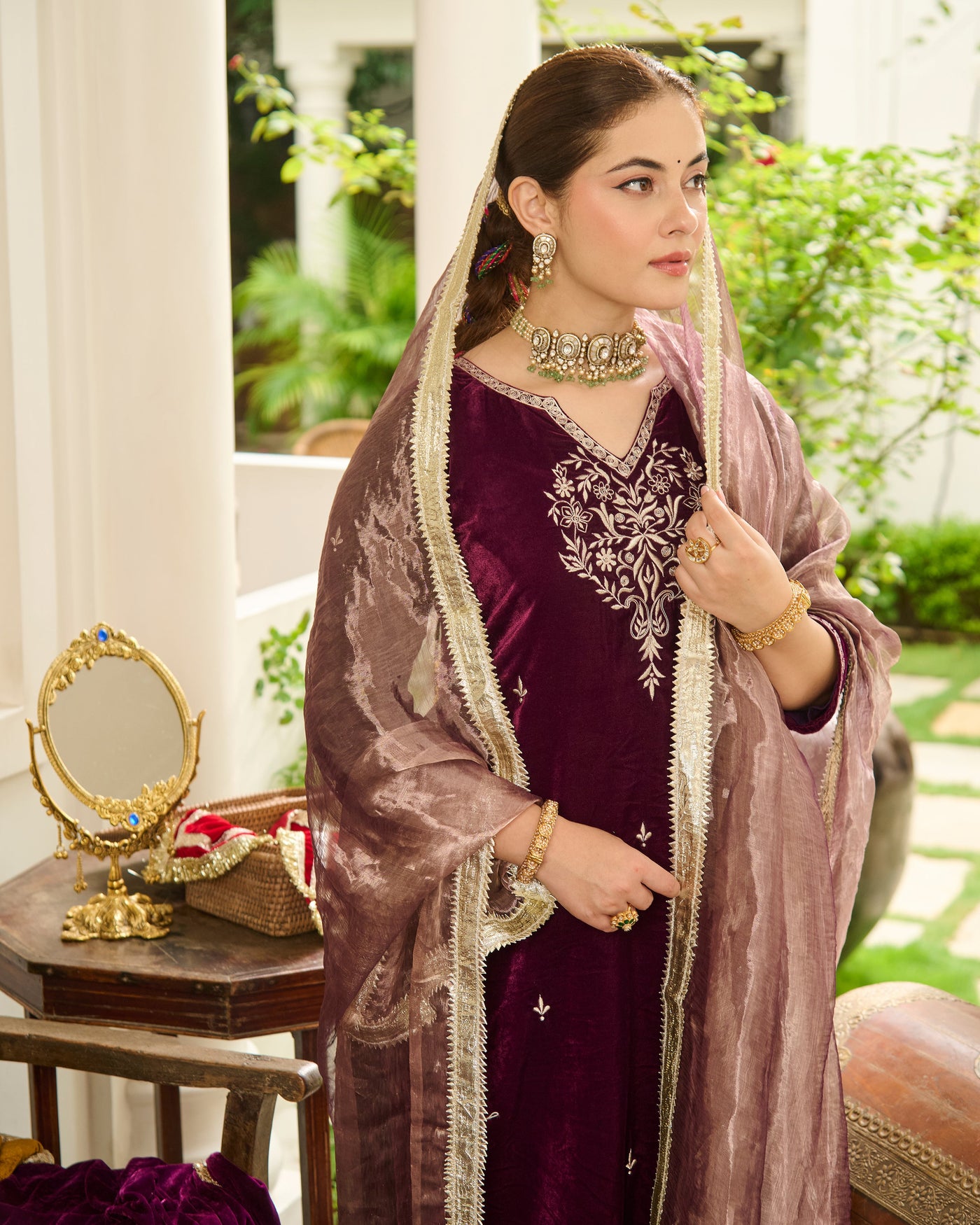 Yug Purple Embroidered Velvet Suit Set
