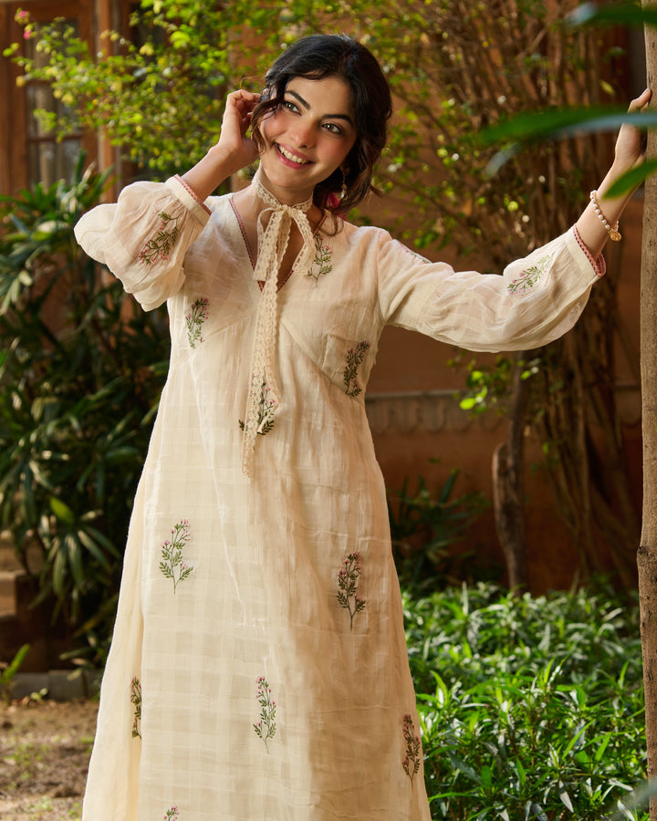 Sidoni Off White Embroidered Cotton Checks Kurta Set