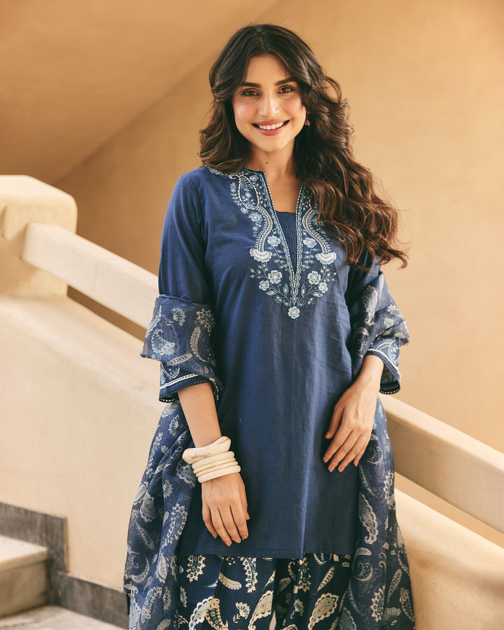 Nella Blue Cotton Printed Farsi Salwar Set