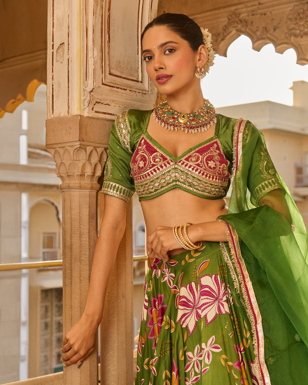 Zara Green Printed Satin Lehenga Set