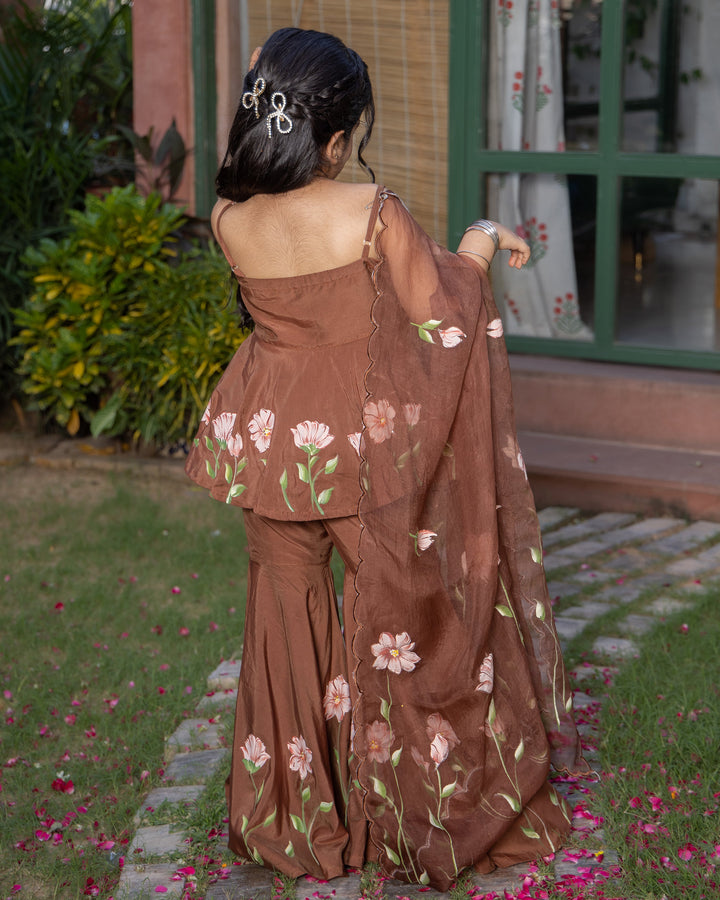 Toffee Brown Handpainted Muslin Sharara Set