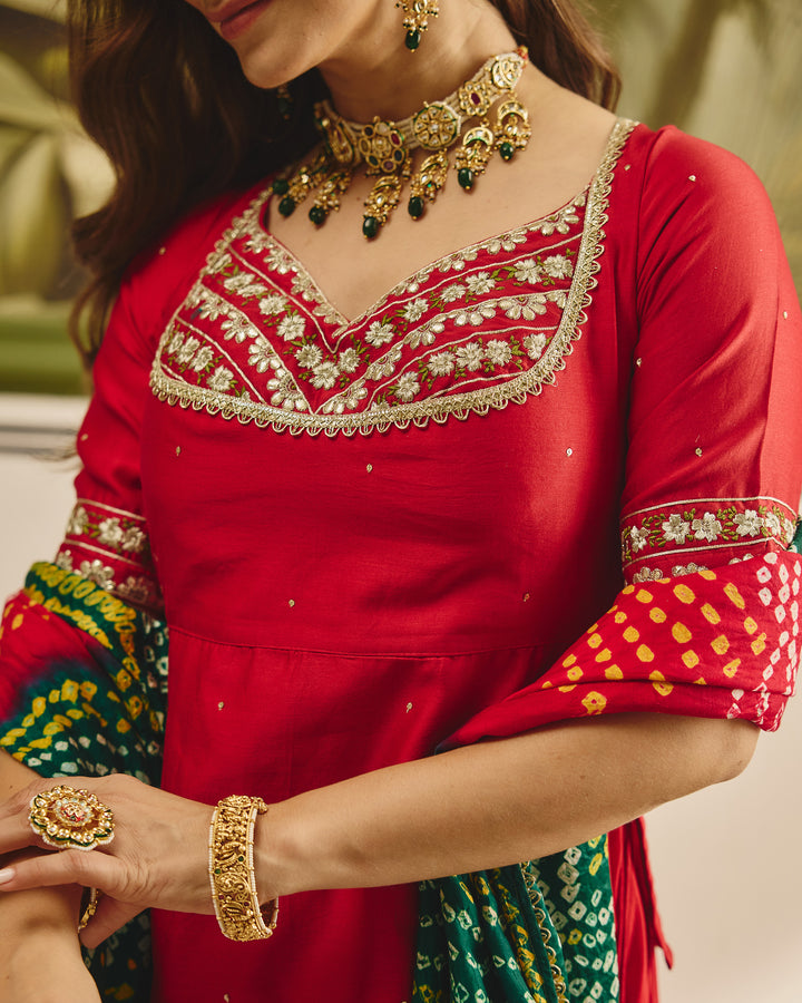 Anuroop Red Embroidered Chanderi Lehenga Set