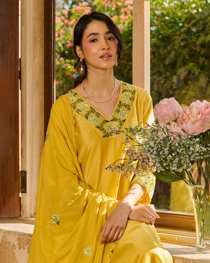 Limo Yellow Embroidered Chanderi Suit Set
