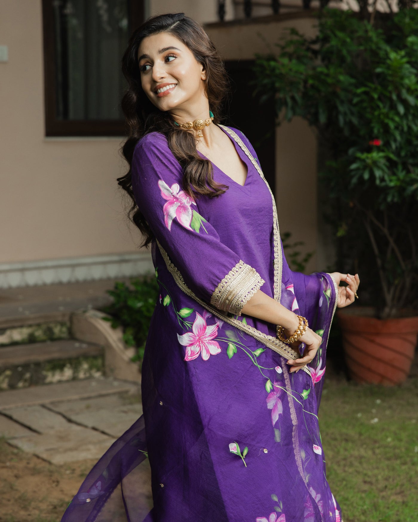 Kanchan Purple Handpainted Chanderi Suit Set