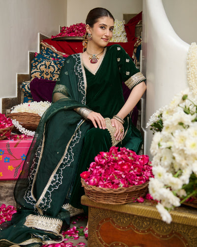 Nila Green Embroidered Velvet Sharara Set