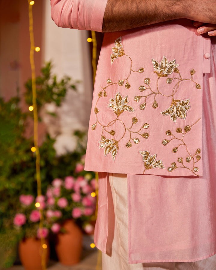 Ruhansh Pink Chanderi Embroidered Jacket And Kurta Set