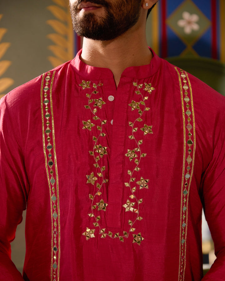 Devdas Pink Silk Embroidered Kurta