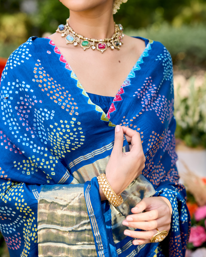 Mohini Blue Gajji Silk Bandhej Saree