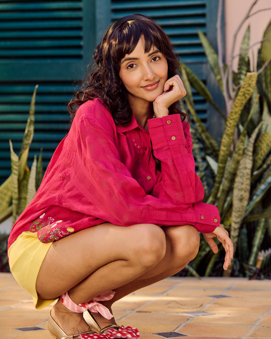 Ahana Pink Embroidered Cotton Checks Solid Shirt