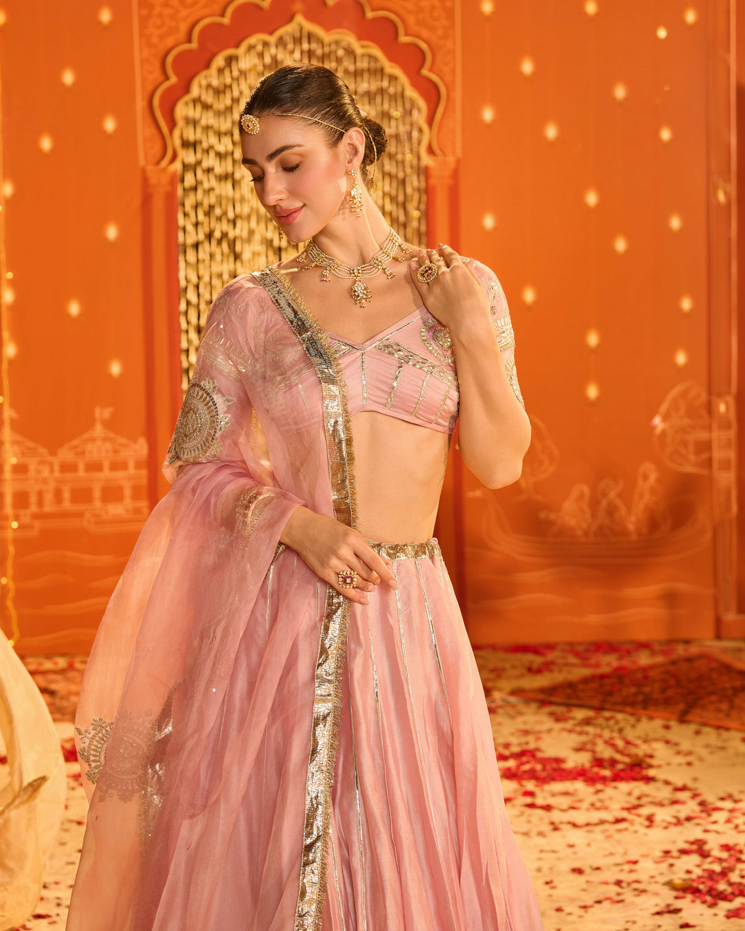 Tejal Baby Pink Embroidered Chanderi Aangi Lehenga Set