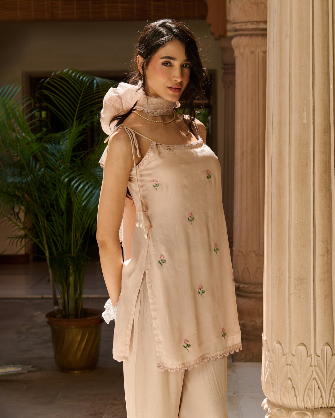 Alka Beige Embroidered Crepe Suit Set