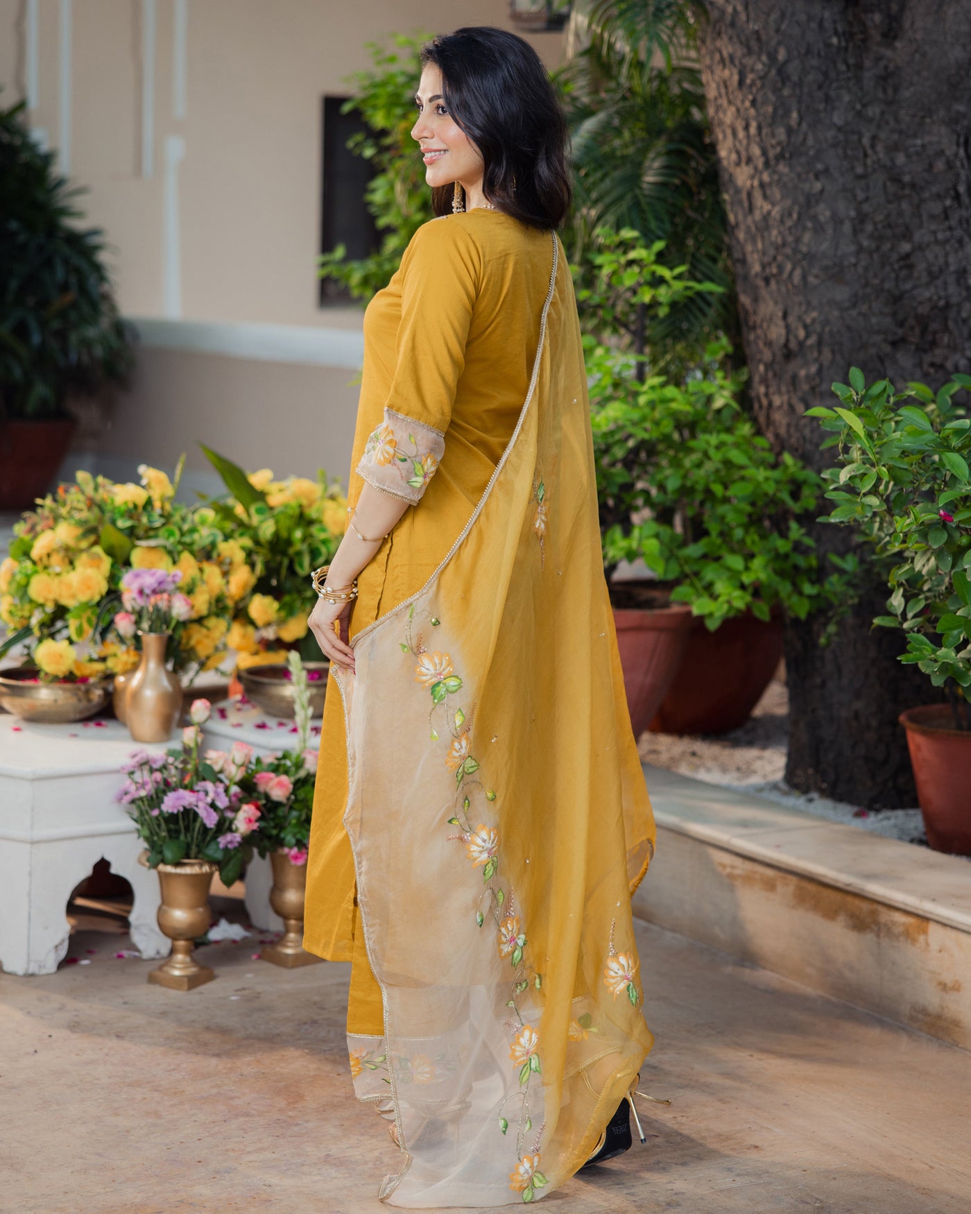 Kadamb Mustard Handpainted Chanderi Suit Set