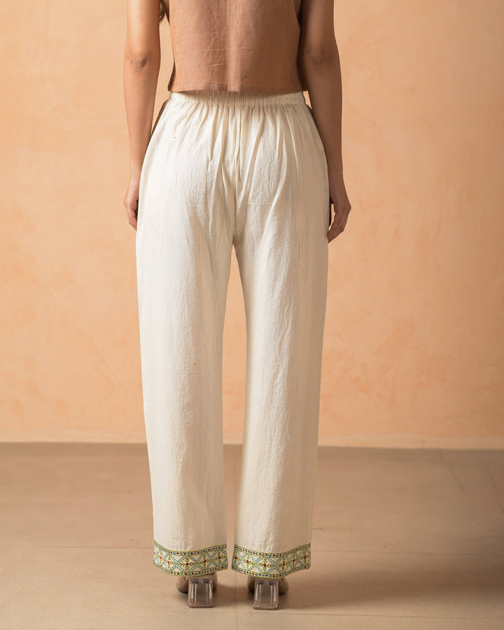 Riyana Cream Cotton Flex Embroidered Straight Pants