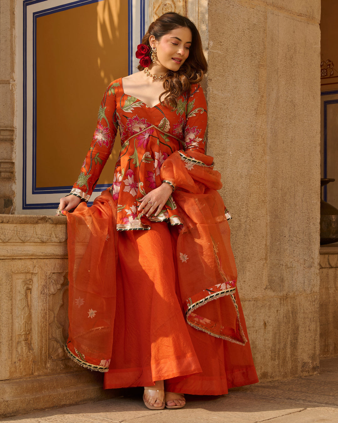 Mehar Orange Printed Chanderi Suit Set