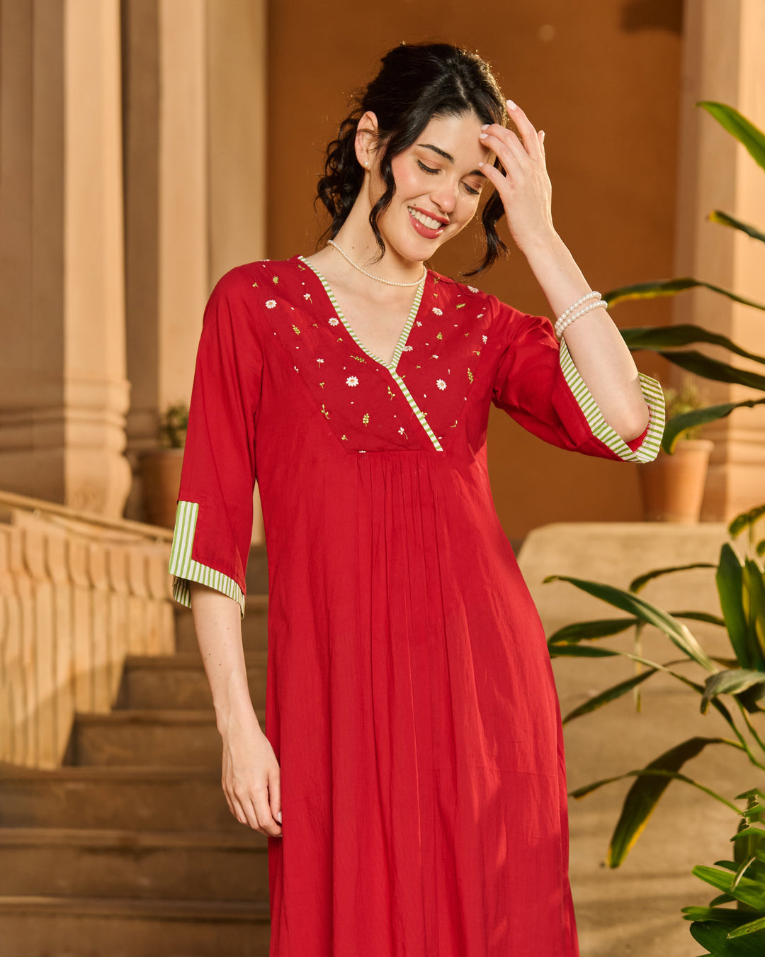 Alix Red Embroidered Cotton Kurta Set