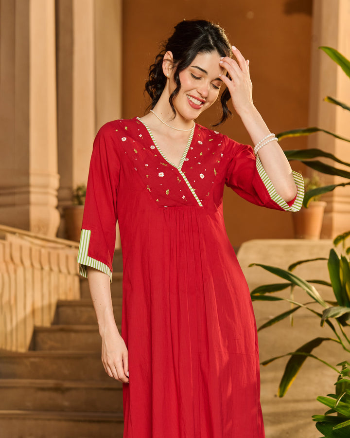 Alix Red Embroidered Cotton Kurta Set
