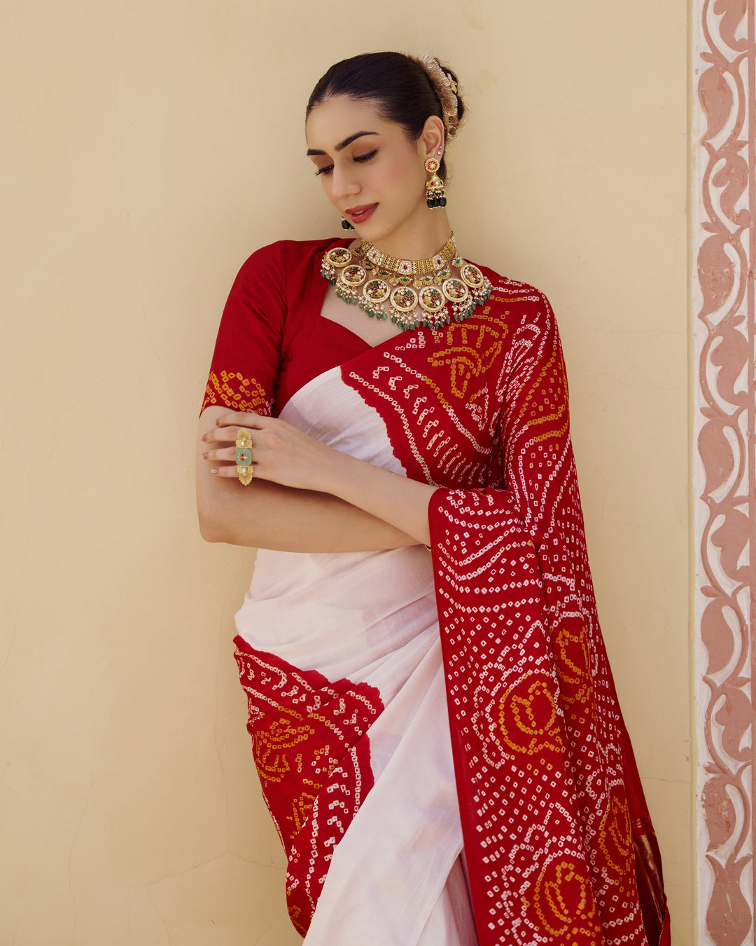 Champa White Kajol Bandhej Silk Saree