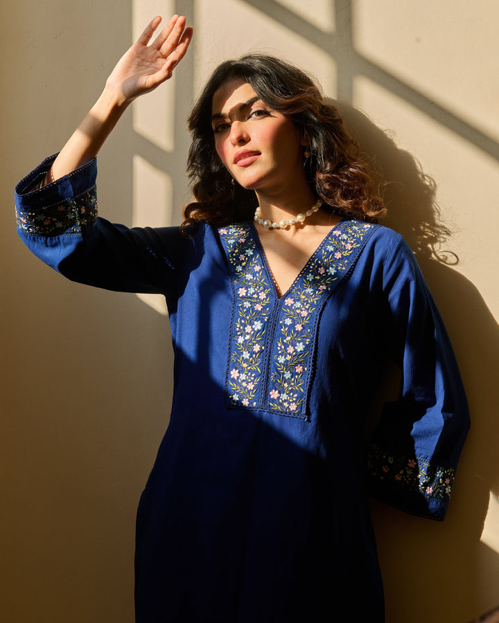Ease Blue Embroidered Cotton Kurta Set