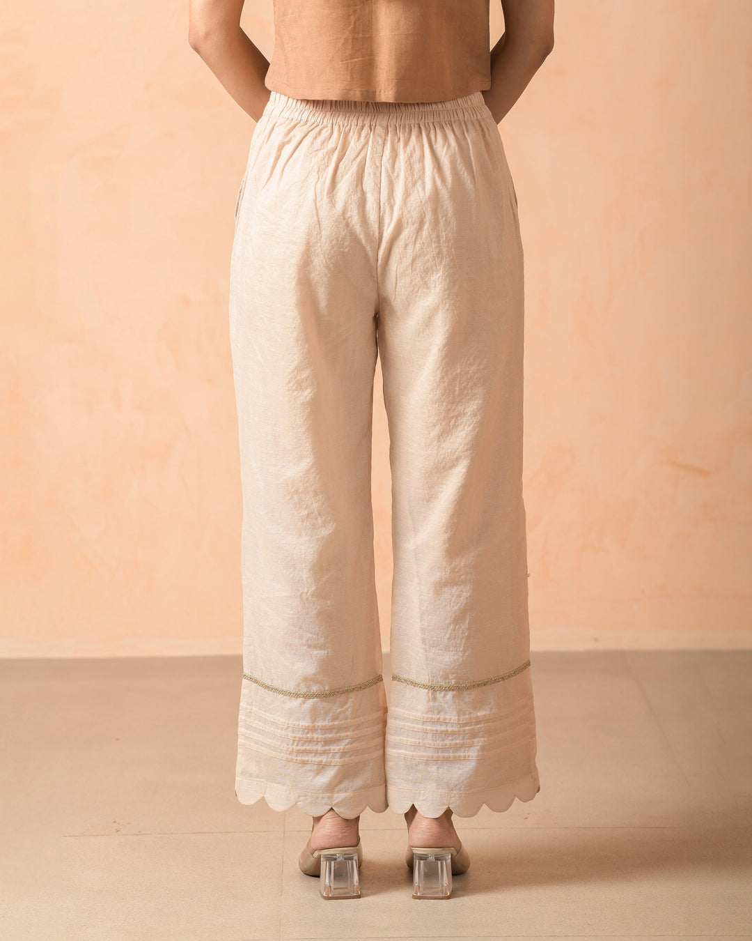 Arisya Beige Chanderi Solid Straight Pants
