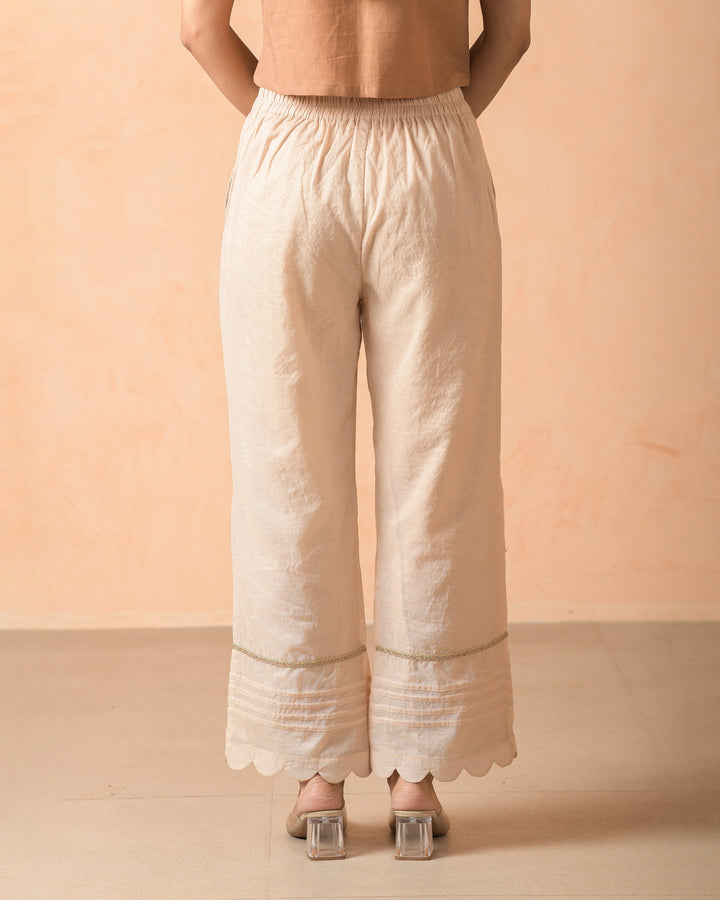 Arisya Beige Chanderi Solid Straight Pants