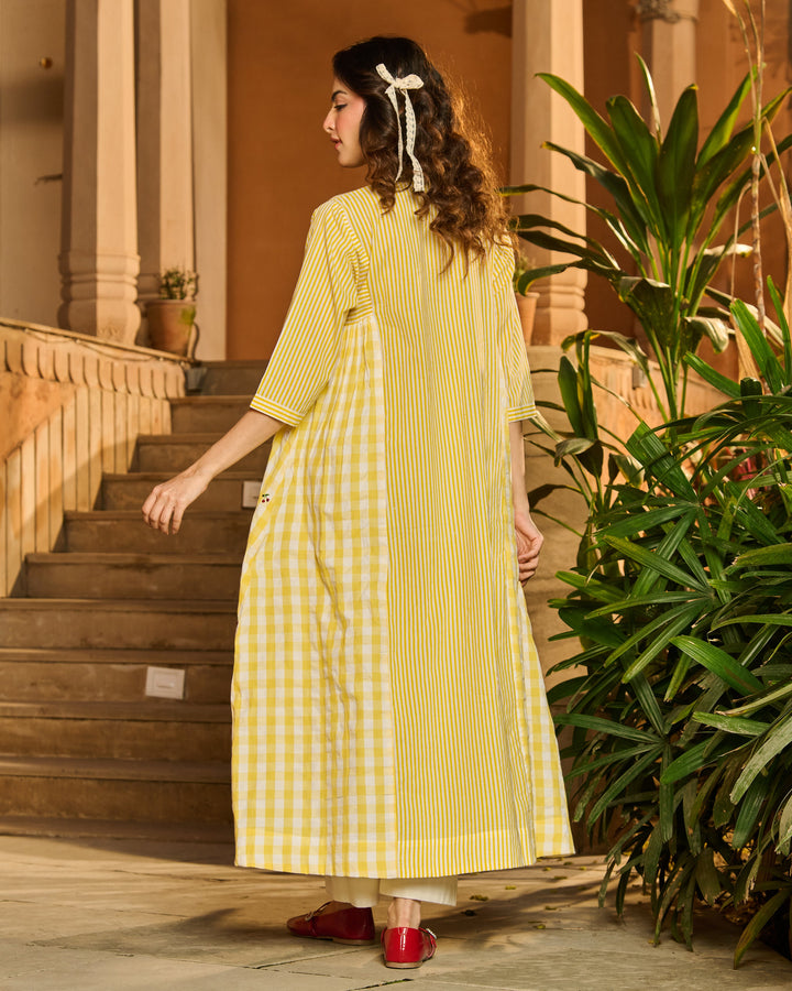 Elise Yellow Printed Stripes and Checks Cotton Kurta Set