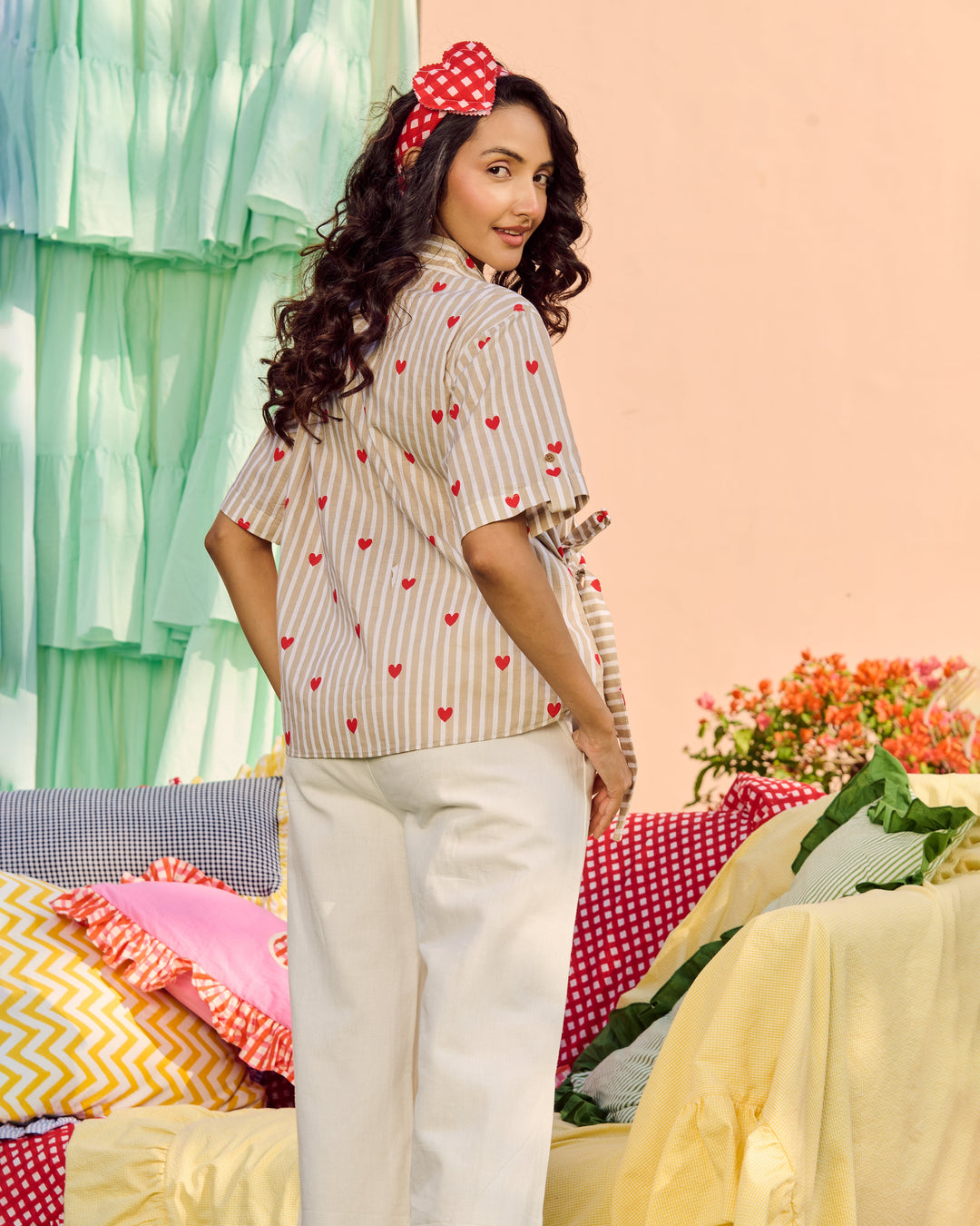 Shannon Beige Cotton Stripes &amp; Heart Printed Shirt