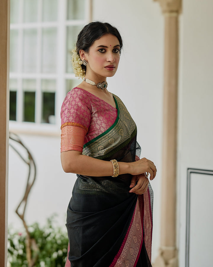 Vaibhav Black Pink Doria Butta Border Saree