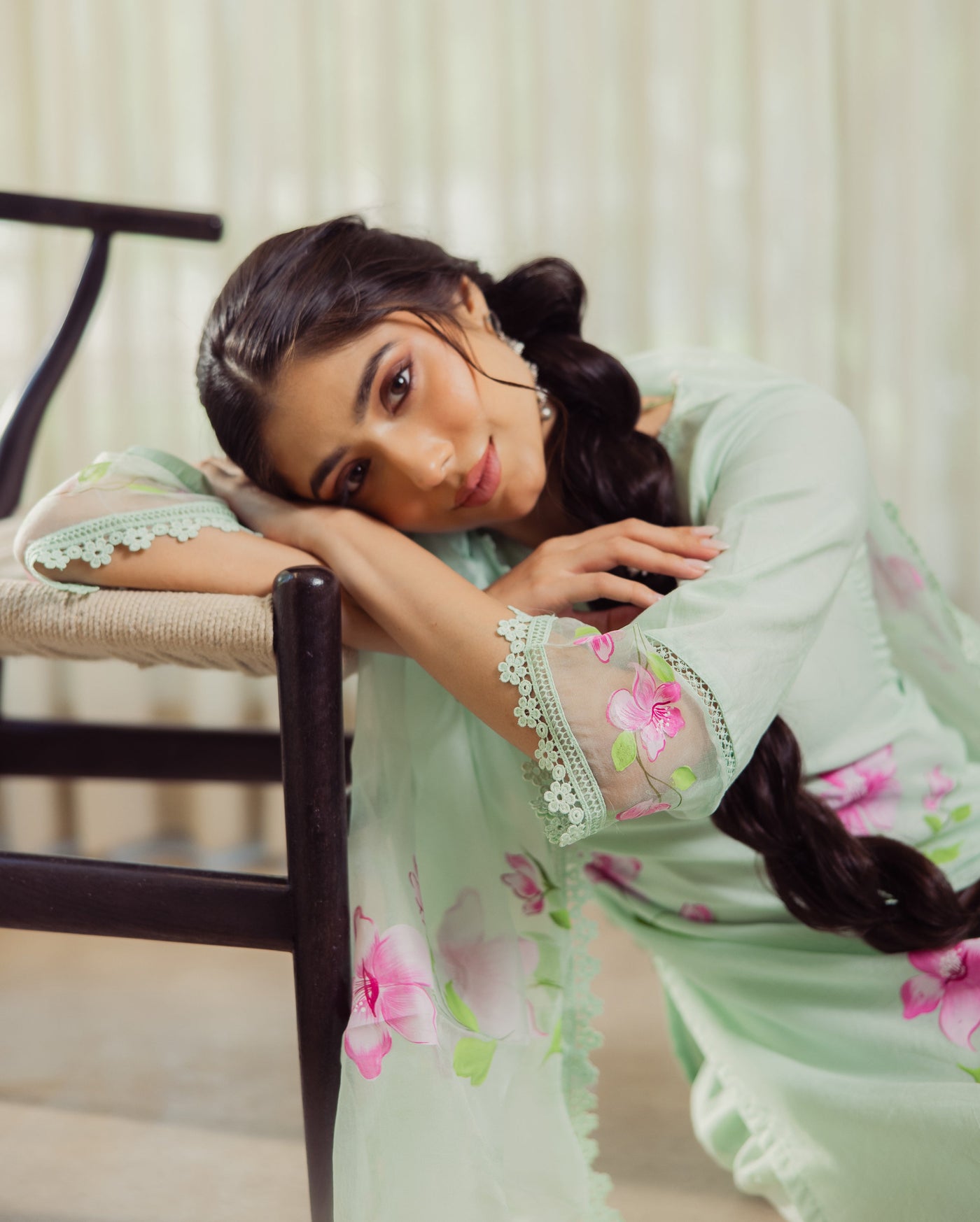 Mirage Mint Green Handpainted Chanderi Suit Set