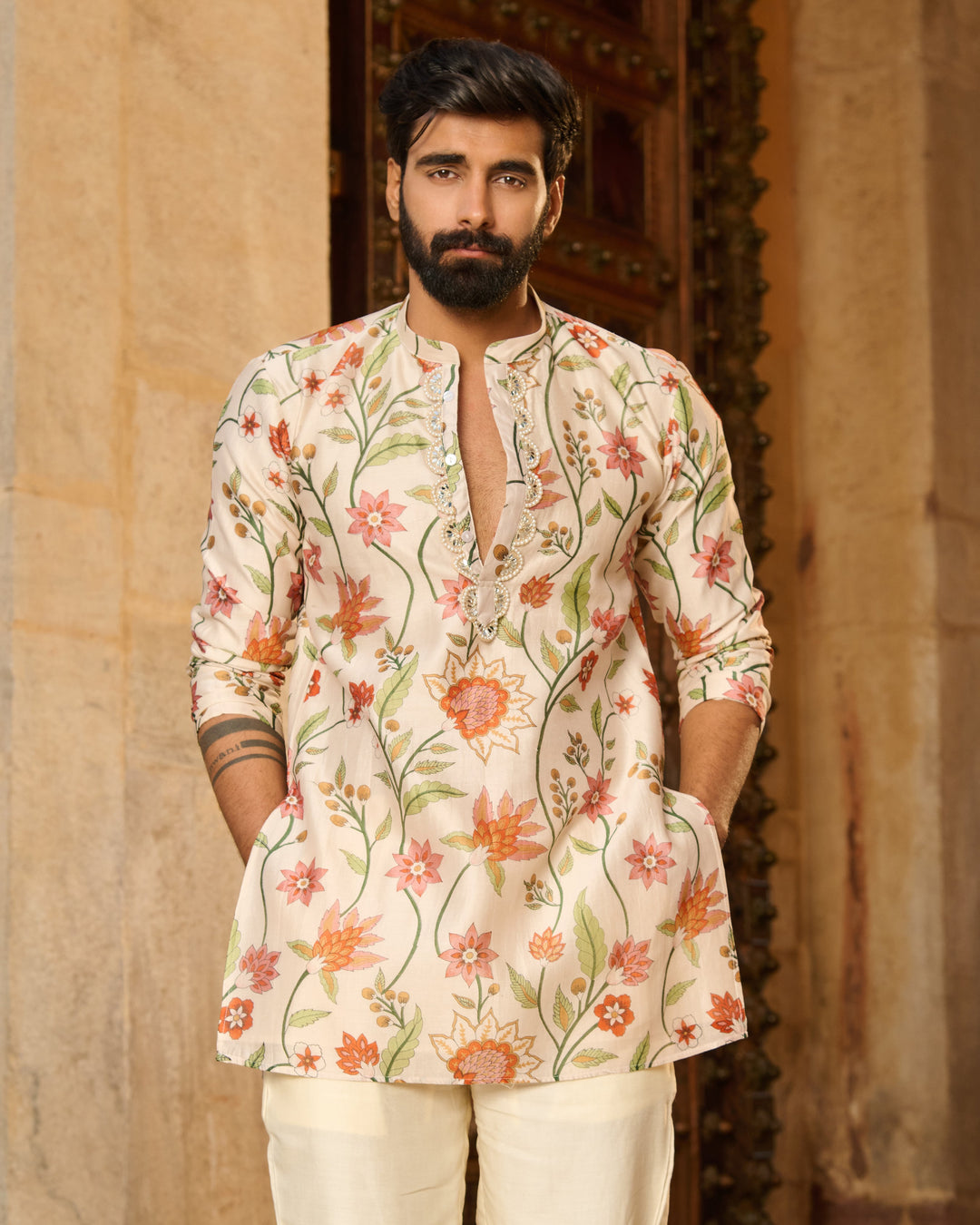 Atharv Ivory Printed Chanderi Kurta