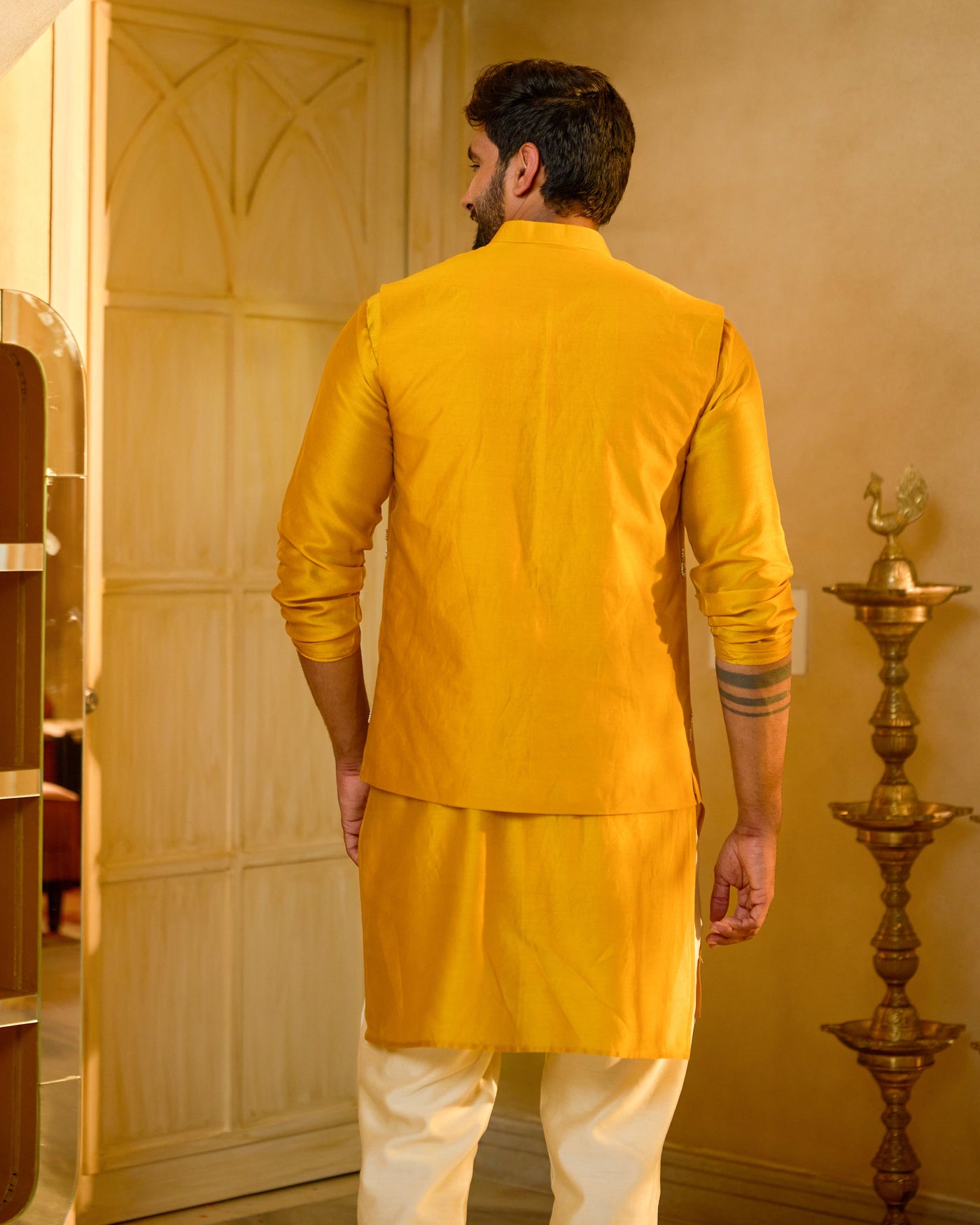 Balraj Yellow Embroidered Chanderi Jacket And Kurta Set