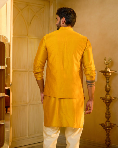 Balraj Yellow Embroidered Chanderi Jacket And Kurta Set
