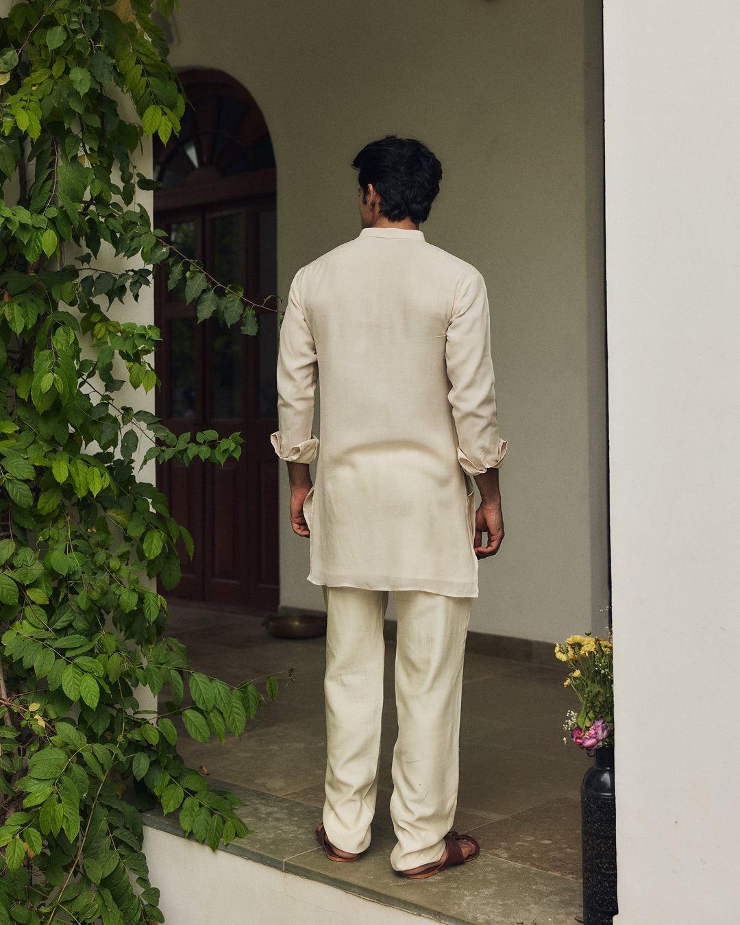 Zavian Off White Handpainted Checks Kurta