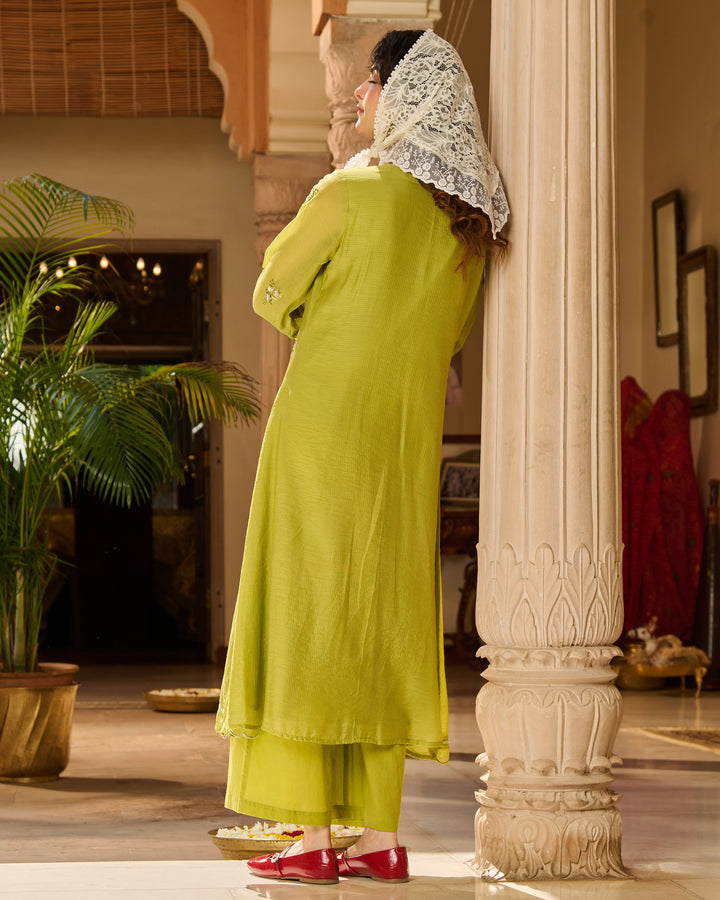 Nino Green Embroidered Cotton Checks Kurta Set