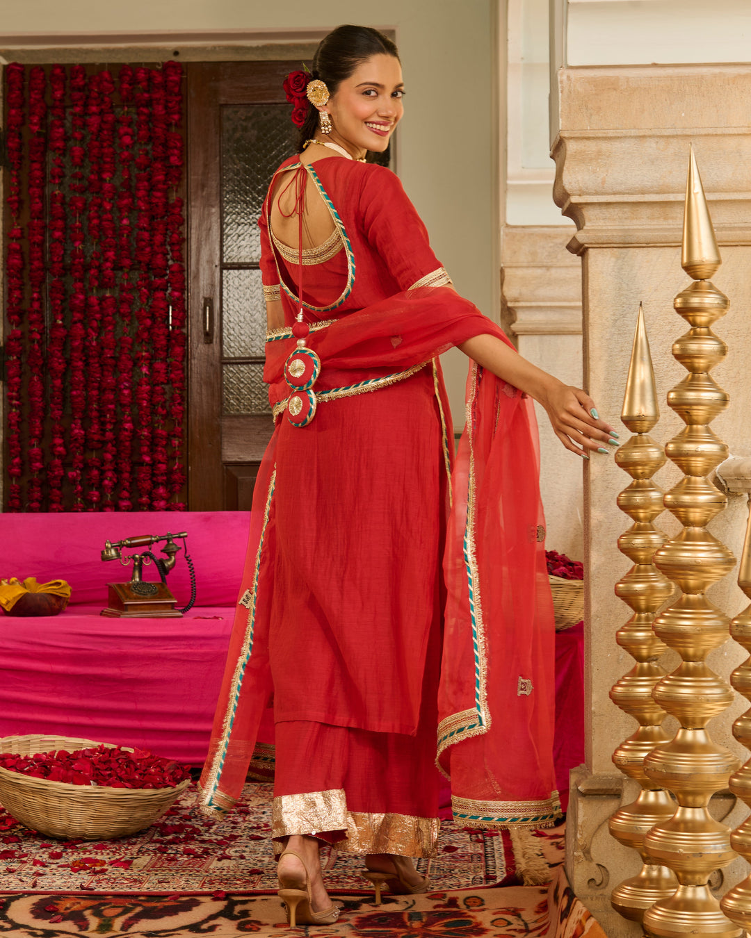 Rust Red Solid Chanderi Suit Set