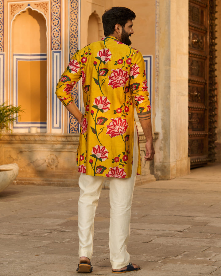 Arjun Mustard Printed Chanderi Kurta