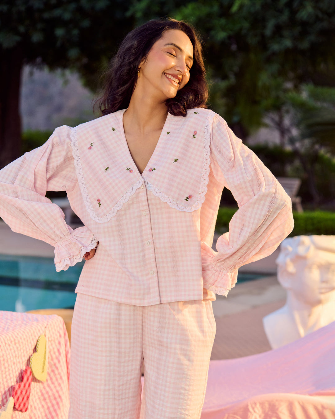 Sabrina Light Pink Embroidered Checks Loungewear