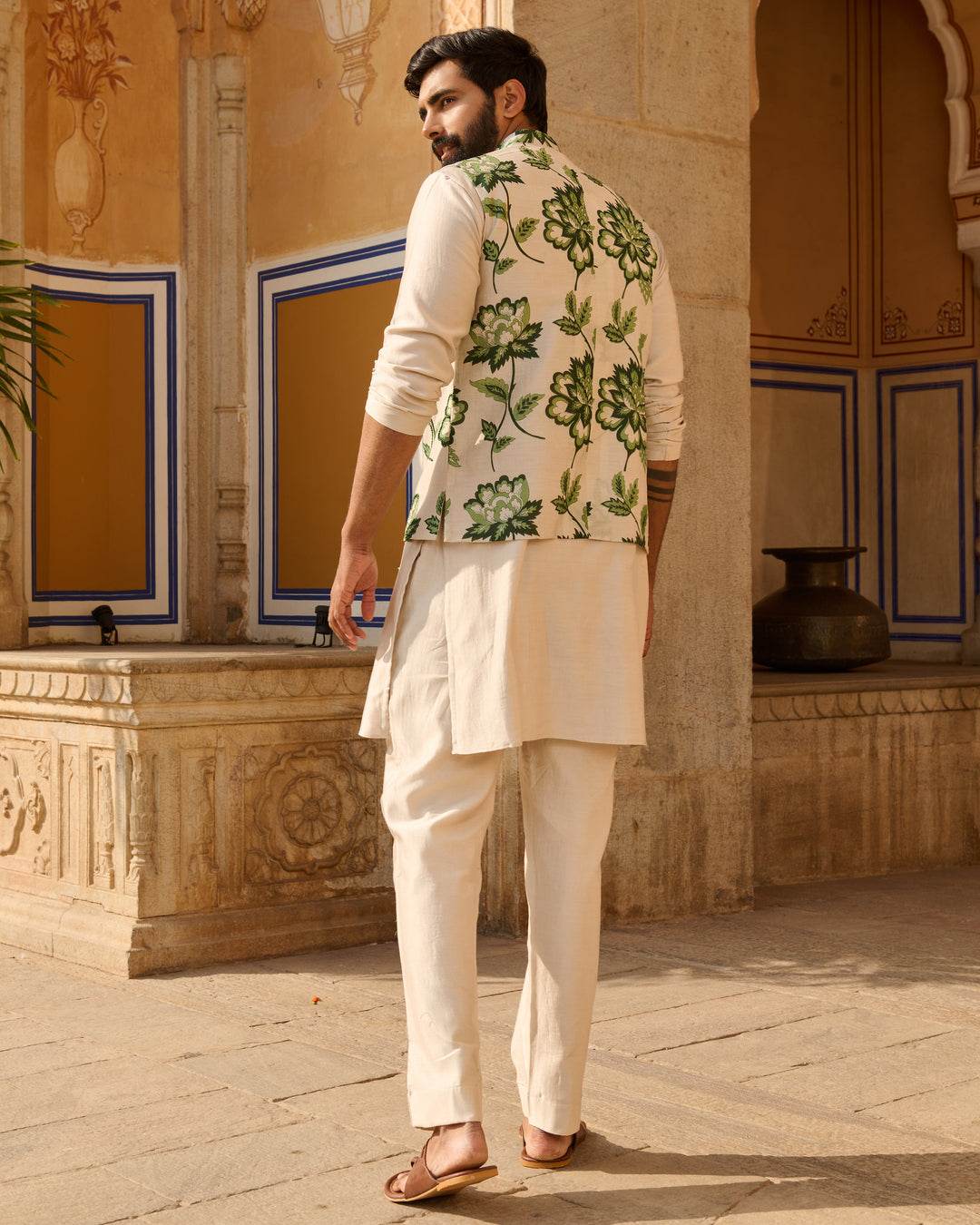 Omkar Grey Printed Chanderi Jacket And Kurta Set