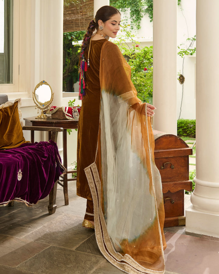 Shaili Mustard Solid Velvet Suit Set