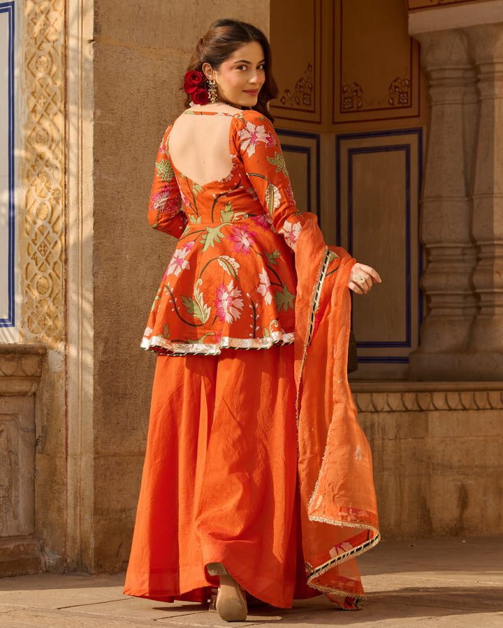 Mehar Orange Printed Chanderi Suit Set