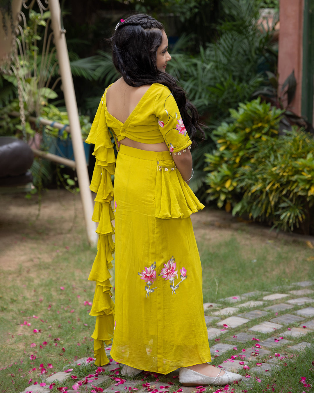 Petunia Lime Handpainted Georgette Pre Draped Saree