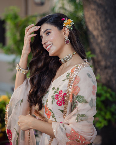 Gulzar Ivory Handpainted Viscose Organza Lehenga Set